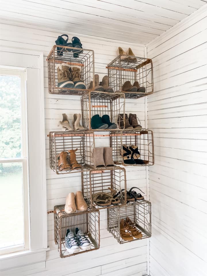 Old Metal Milk Crate Shoe Cubbies The Happy Farmhouse - Milk Crate Wall Shelves